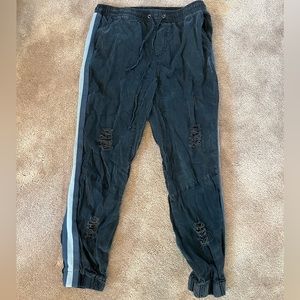 Vintage Havana joggers, navy distressed denim color with side stripes, size M